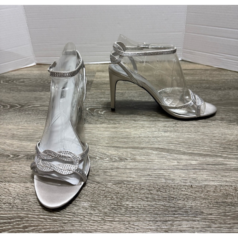 Lauren Ralph Lauren Sandals Heels Stephanie Silver Satin Rhinestone 8B Coquette
